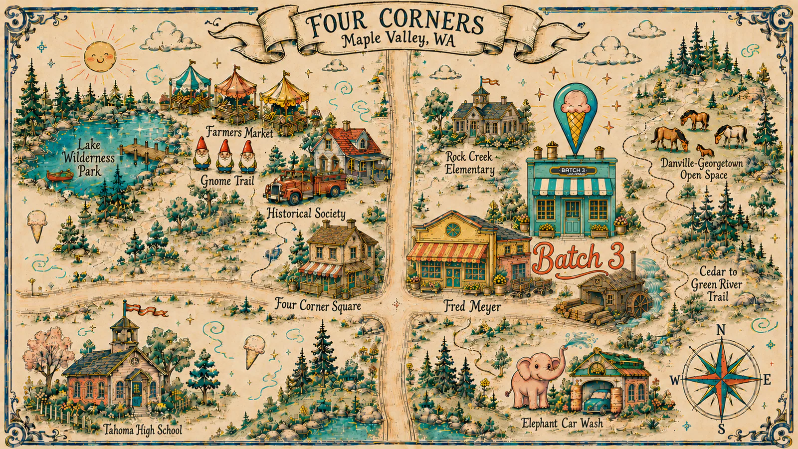 Hand-drawn map of Four Corners, Maple Valley, marking the Batch 3 shop